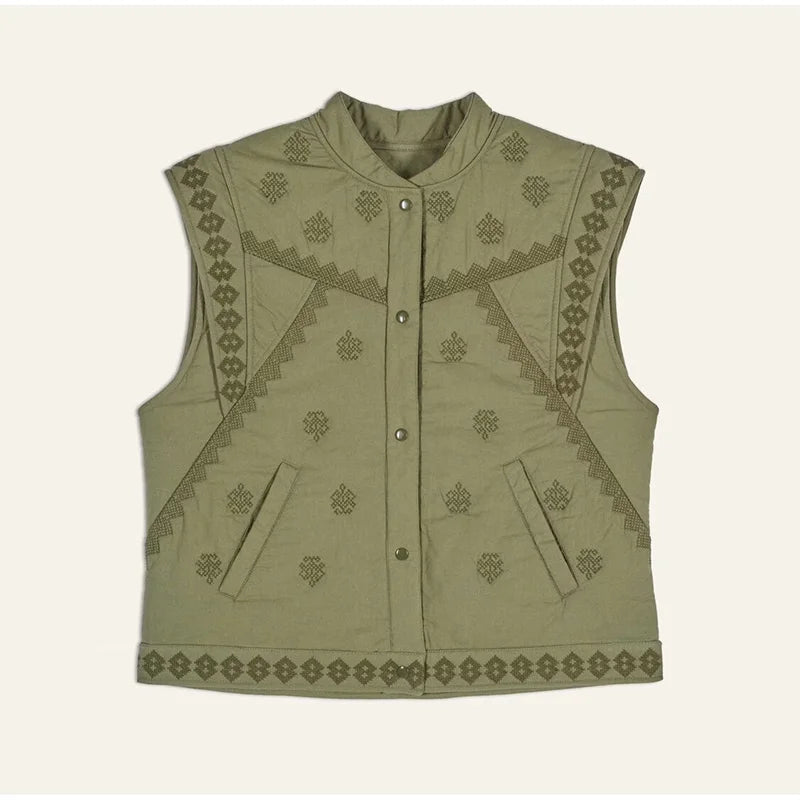 Sleeveless Snap Button Vest Jacket Retro Stand Collar Print Short Quilted Cotton Vest 2024 Fashion New Vests Top For Women