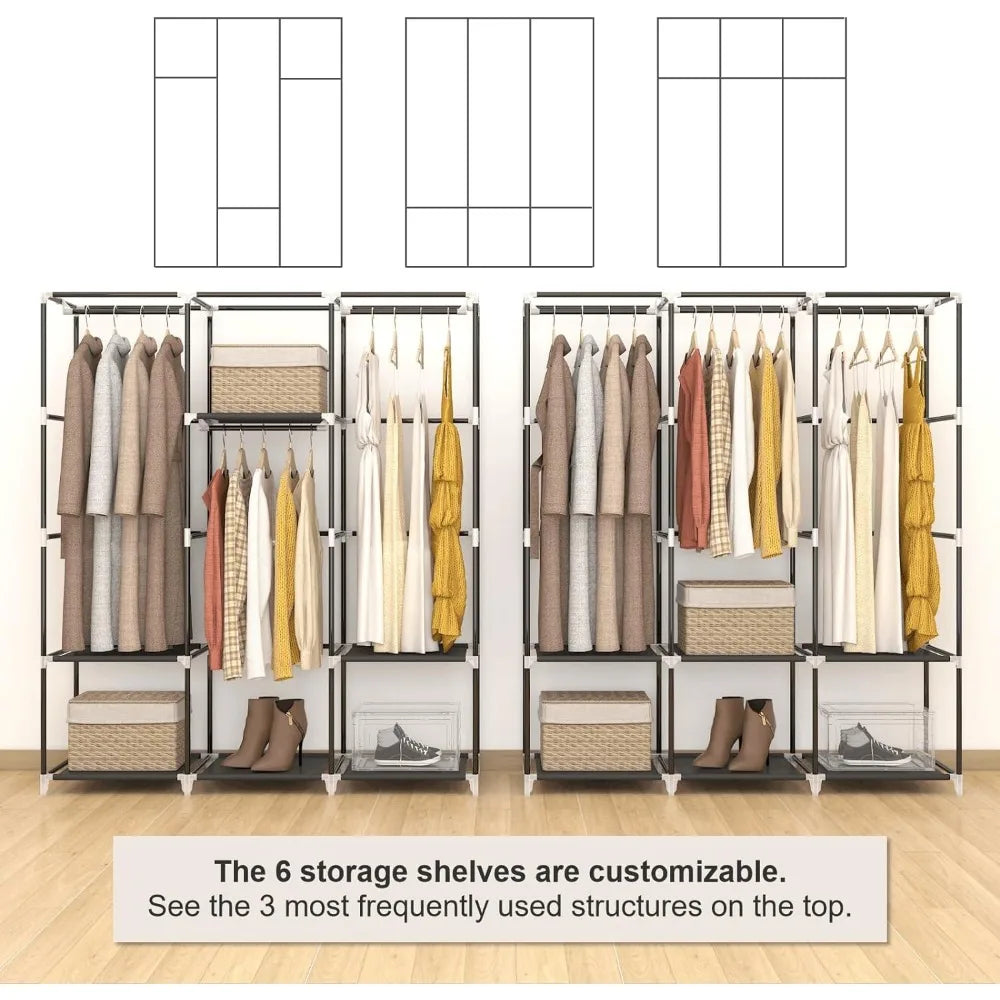 67 in Portable Closet Wardrobe for Hanging Clothes, Wardrobe Closet , 4 Hanging Rods and Side Pockets, 8 Storage Shelves