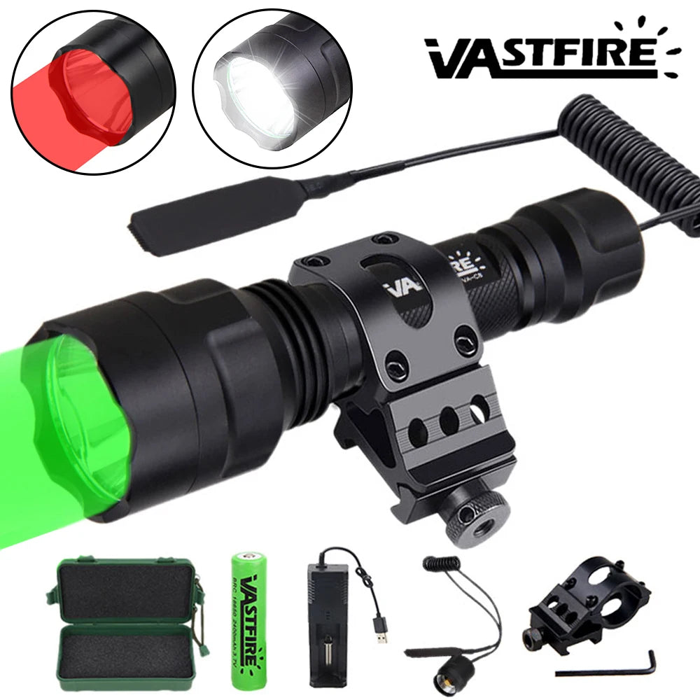 LED Flashlight Hunting Green/Red/White Light Torch Professional Tactical Night Scout Light Set Fish Light USB Rechargeable Torch