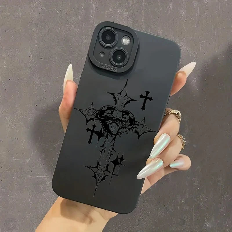 Phone Case For iPhone 16 15 14 11 12 13 Pro Max Mini 7 8 Plus X XR XS Max SE 2020 2022 Black Cross Print Shockproof Soft Cover