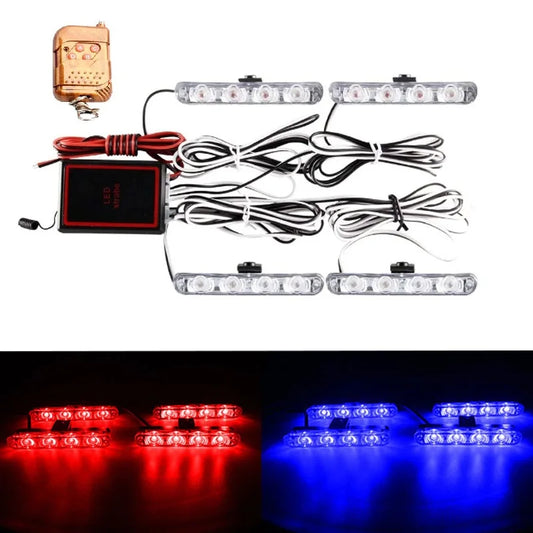 4 In 1 Red Blue Emergency Strobe Lights Police Lights 12V with Wireless Remote Control Flash Grille Lamp for Cars Truck Van SUV