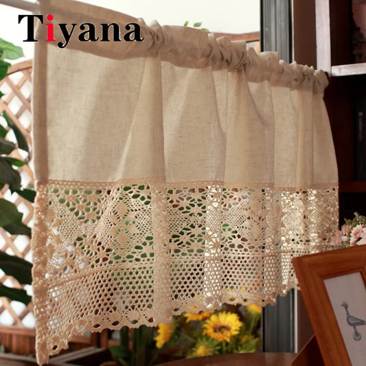 Handmade Cotton Linen Kitchen Short Curtains Crochet Lace Hollow Tassel Beige Valance Curtains Cafe Kitchen Door Window Drapes