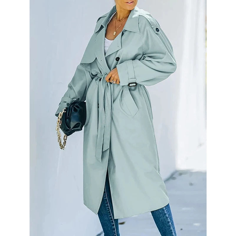 Women Vintage Long Trench Coat Classic Double-Breasted Lapel Long Sleeve Windproof Overcoat with Belt Elegant Jackets Streetwear