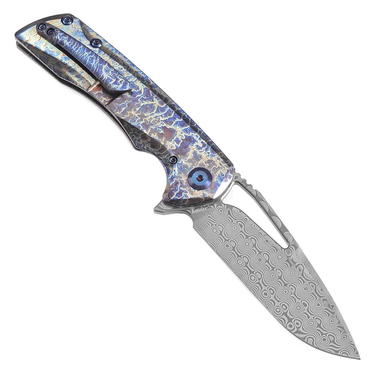 Kansept Kryo K1001A6 Folding Knife Kim Ning Designed 3.58'' Damascus with Titanium with Lightning Strike Finish Hunting Knife