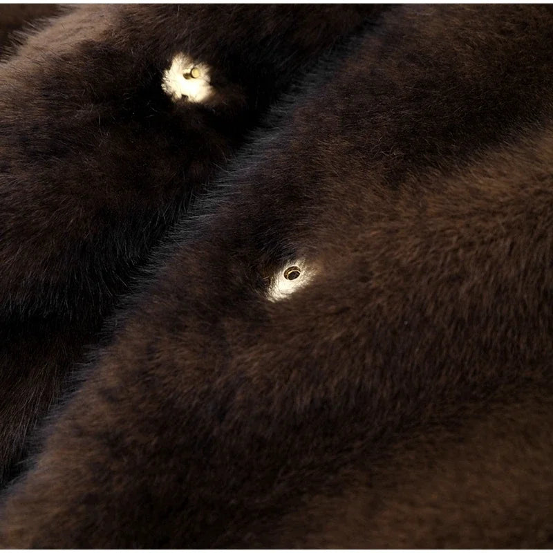 Women's Dark Brown Faux Fur Long Overcoat Single Breasted Fleece Long Trench Coat Winter Fluffy Plush Warm New Thicken Outerwear