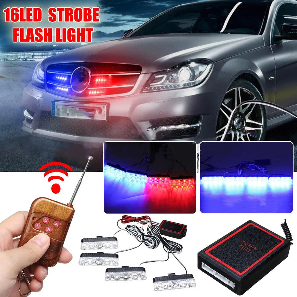 4 In 1 Red Blue Emergency Strobe Lights Police Lights 12V with Wireless Remote Control Flash Grille Lamp for Cars Truck Van SUV