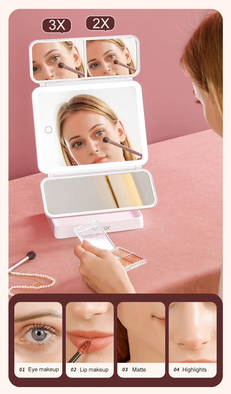 Tri-Fold LED Makeup Mirror 3 Tone Lights Portable Compact Desktop Vanity Mirror 2X/3X Magnifying Rotable Lighted Makeup Mirror