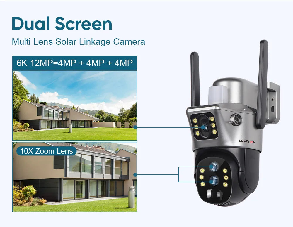 LS VISION 12MP 4G/WiFi Dual Screen Solar Camera Outdoor 10X Zoom 6K Three Lens Human Auto Tracking Surveillance Camera V380 Pro