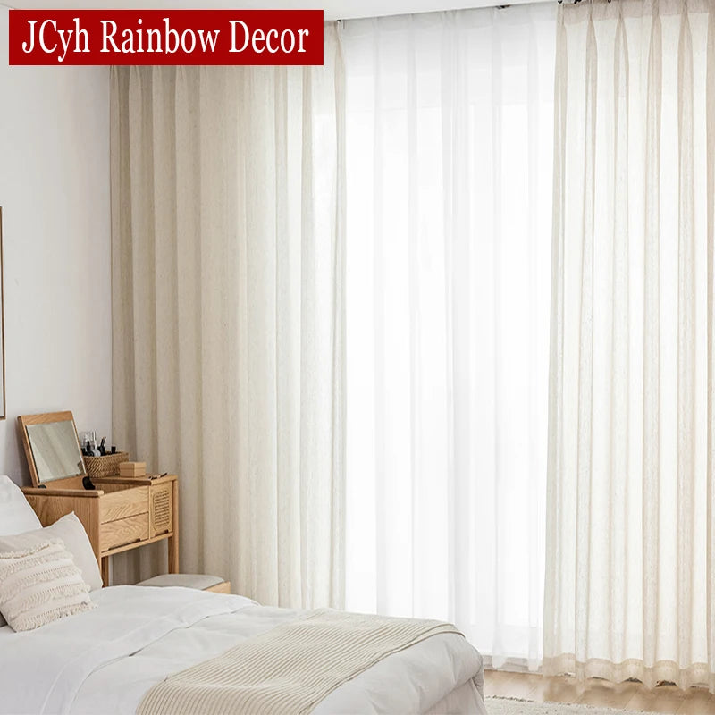 Linen Look Beige Sheer Curtains for Living Room Tulle Luxury Curtain In The Bedroom Window Japanese Short Kitchen Door Drapes