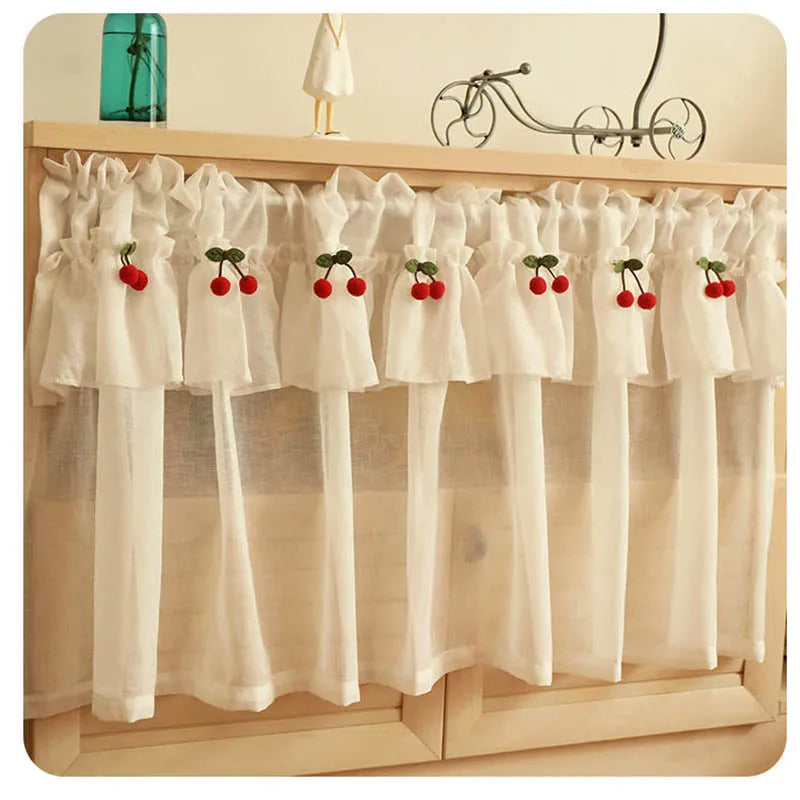 Korean Style Fresh Linen Short Curtain for Kitchen Small Window Half Curtain Cherry Decorative Valance Tulle Door Curtain Drape