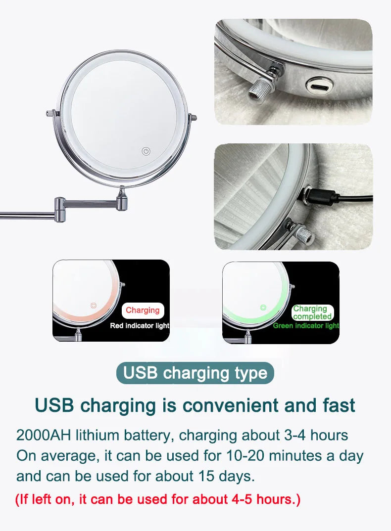 Wall Folding Makeup HD Mirror Double Side Fill Light Magnifying USB Charging Led Tricolor Dimming Bathroom Cosmetic Mirrors