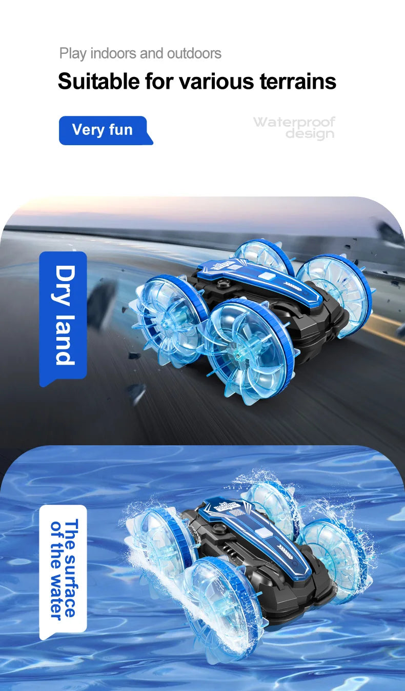 New LED Amphibious RC car Dual remote control waterproof stunt car double side flip drift drive 360 ° rotation rc cars Kids toy