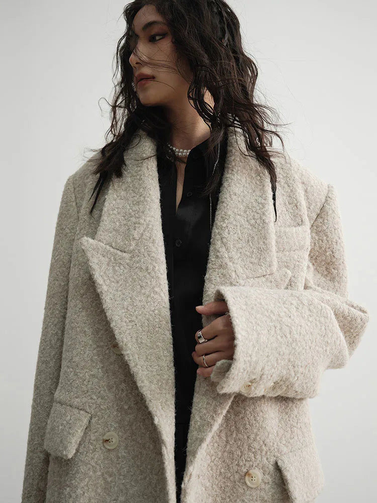 [EAM] 30% Wool X-Long Big Size Warm Woolen Coat New Lapel Long Sleeve Women Jacket Fashion Tide Autumn Winter 2024 1DH4053