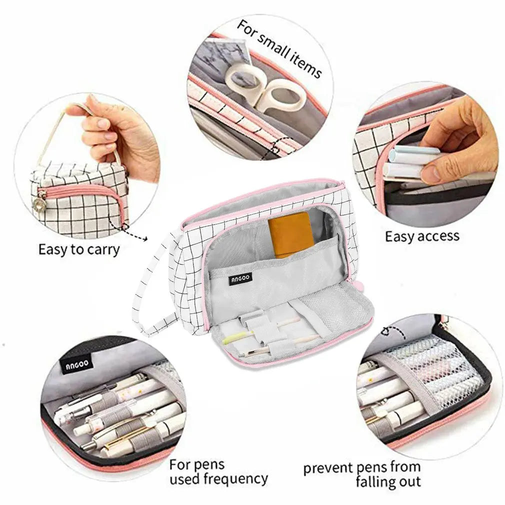 New Stationary Pen Storage Bag Simple Plaid Pencil Case Multi Layer Large Capacity Cosmetic Travel Canvas Pen Pencil Storage Bag