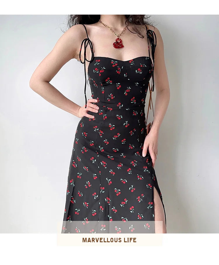 TVVOVVIN European and American Slim Fit Shoulder Lace Up Side Split Cherry Print Strap Dress Women's Sexy Holiday Dress 73Y2