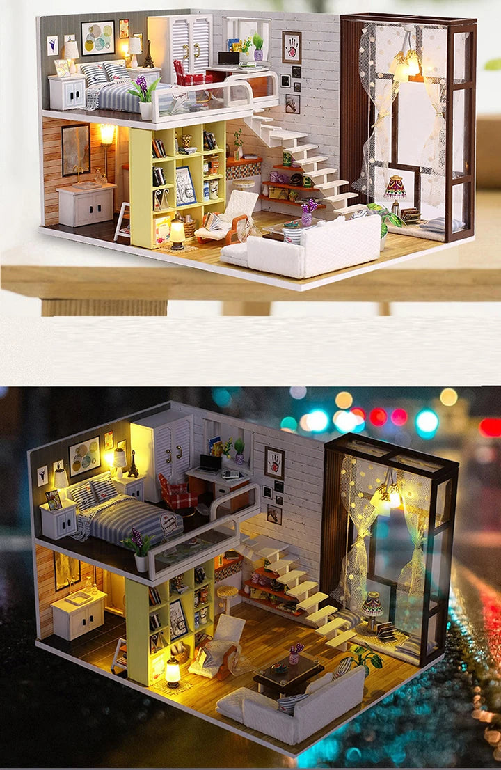 Assemble DIY Wooden House Dollhouse kit Wooden Miniature Doll Houses Miniature Dollhouse toys With Furniture LED Lights Gift