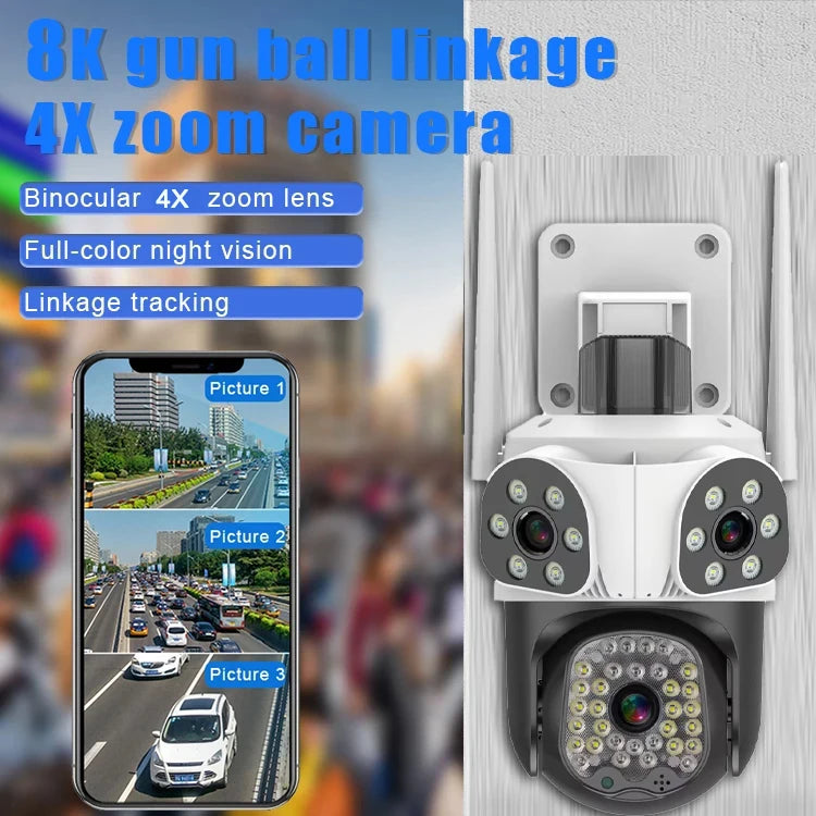 8K 15MP Three Screen WiFi Camera Outdoor HD IP CCTV Auto Tracking Security-Protection 4X Zoom 360° Outdoor Surveillance Camera