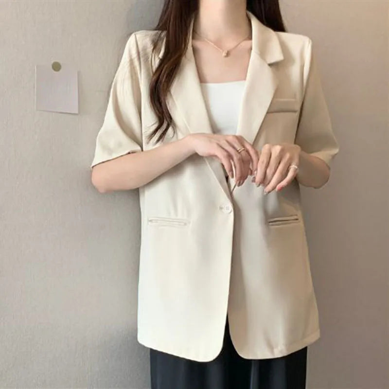 Thin Suit Jacket Women 2024 Summer Casual All Match Single Button Coat Woman Korean Style Loose Balck White Short Sleeve Jackets