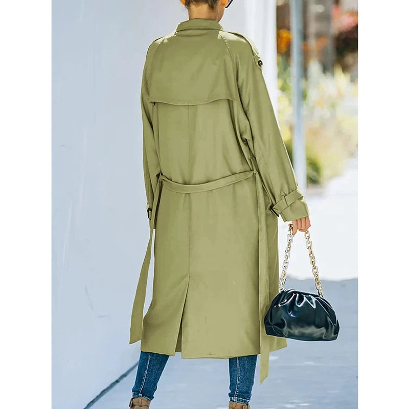 Women Vintage Long Trench Coat Classic Double-Breasted Lapel Long Sleeve Windproof Overcoat with Belt Elegant Jackets Streetwear