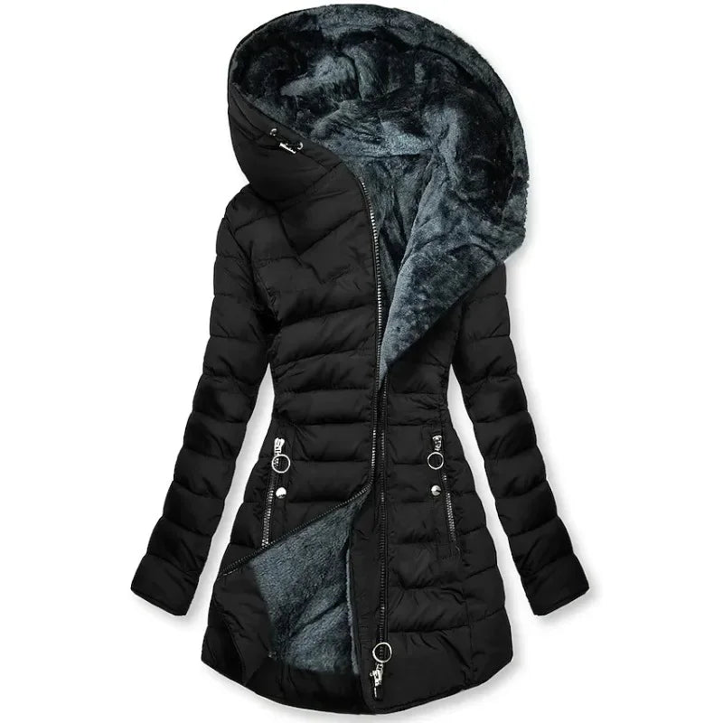 Zipper Slim-Fitting Parkas Cotton-Padded Jacket Trend Winter Warm Fur Collar Parkas Clothes Women's Long-Sleeve Hooded Coats