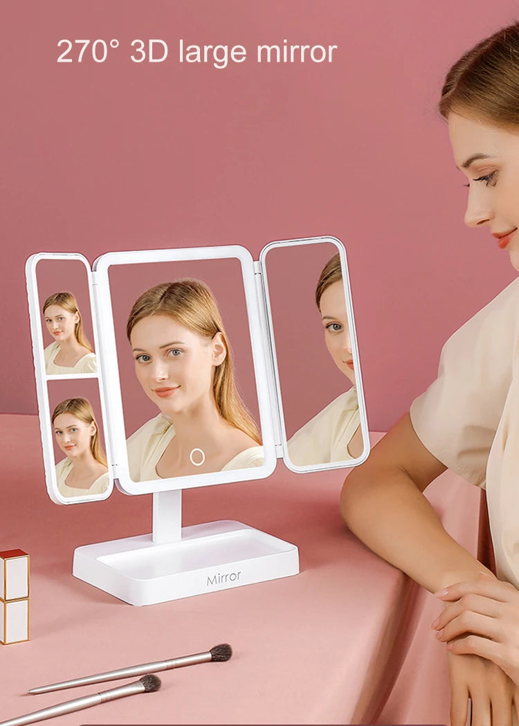 Tri-Fold LED Makeup Mirror 3 Tone Lights Portable Compact Desktop Vanity Mirror 2X/3X Magnifying Rotable Lighted Makeup Mirror