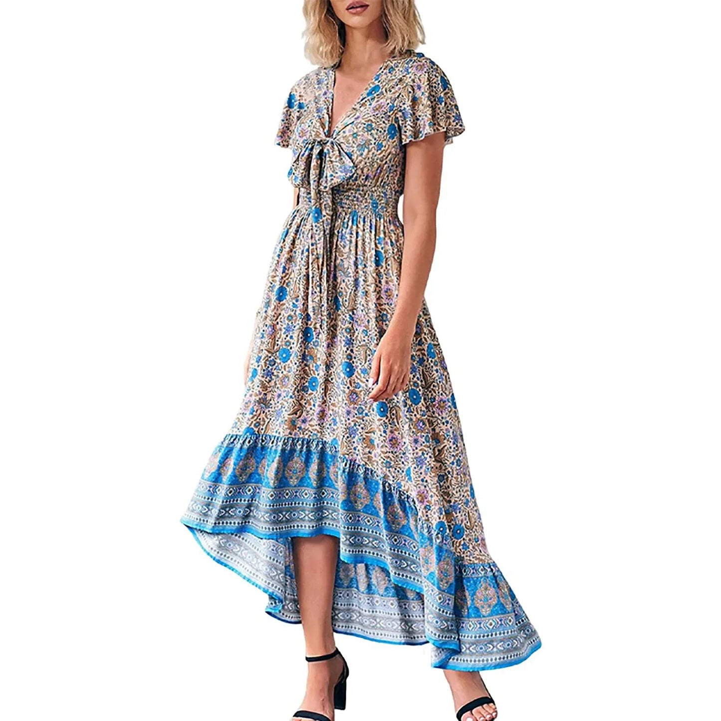 Boho Floral Print Long Dress Women Summer Beach Sundress Sexy Short Sleeve V Neck Ruffle Pleated Dress Bohemian Casual Dresses