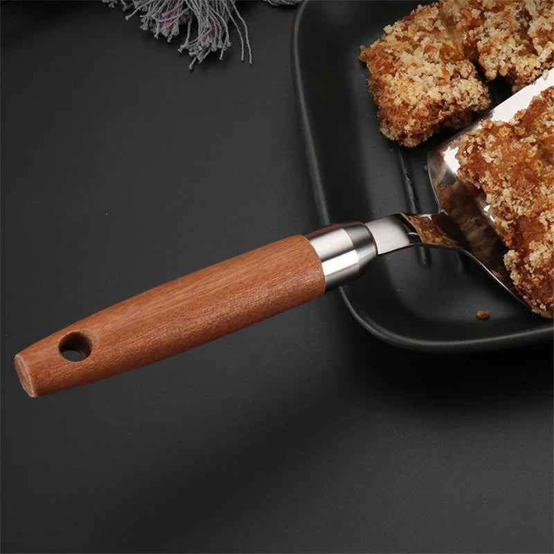 Stainless Steel Square Head Steak Cooking Spatula Wood Handle  Pizza Shovel Pancake Beef Turner Scraper BBQ Utensils For Kitchen