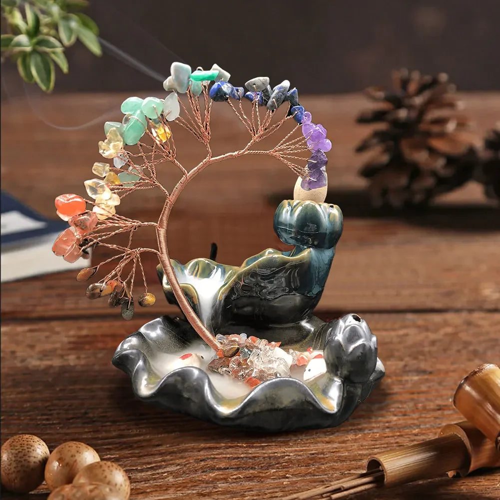 7 Chakra Tree Ceramic Incense Home Decor Healing Crystal Stone Money Tree Incense Burner House Warming Gift for Wealth Good Luck