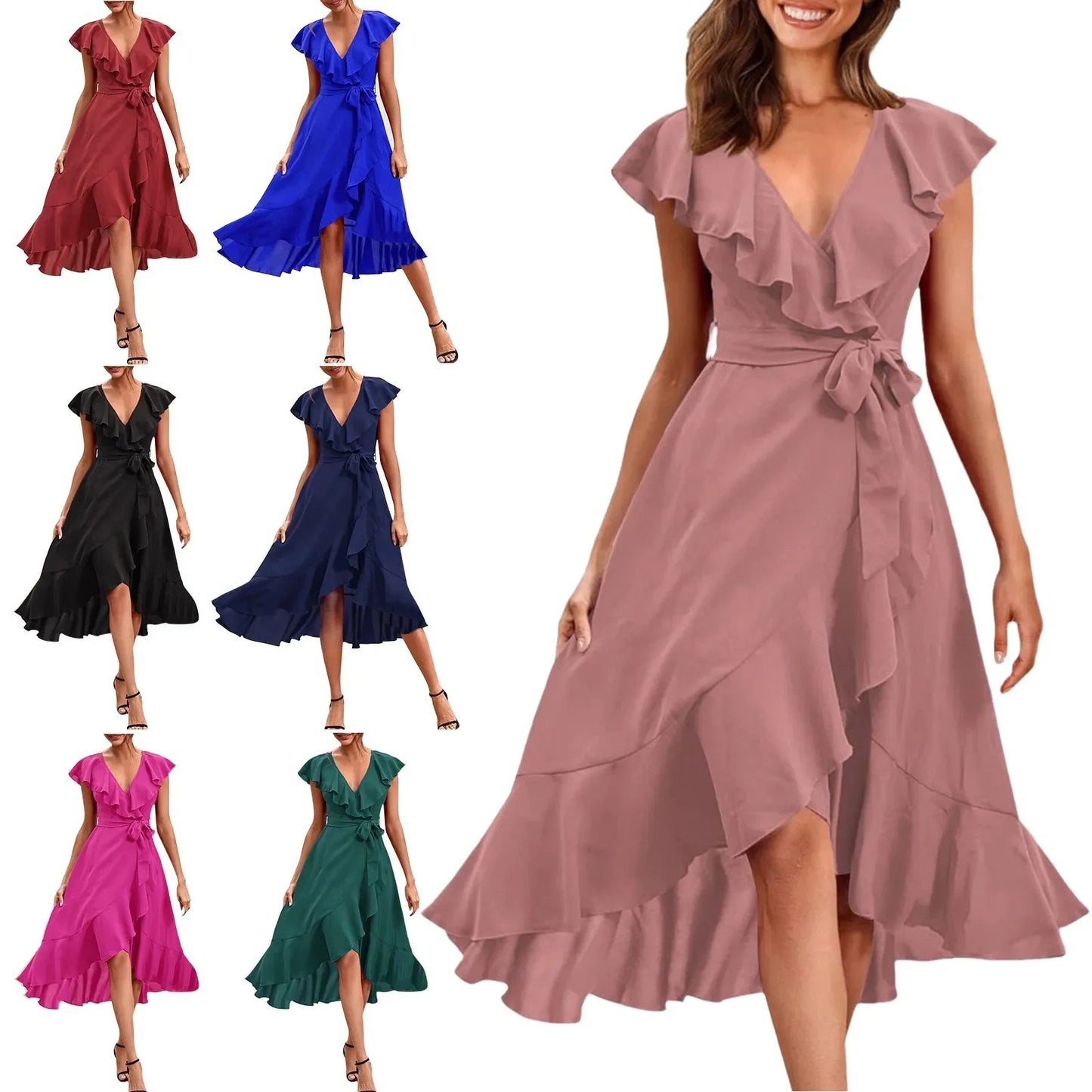 Bandage Dress for Women Women'S Summer Wrapped Long Skirt Casual Subdeep V Neck Short Sleeve Frilly Short Sundresses for Women