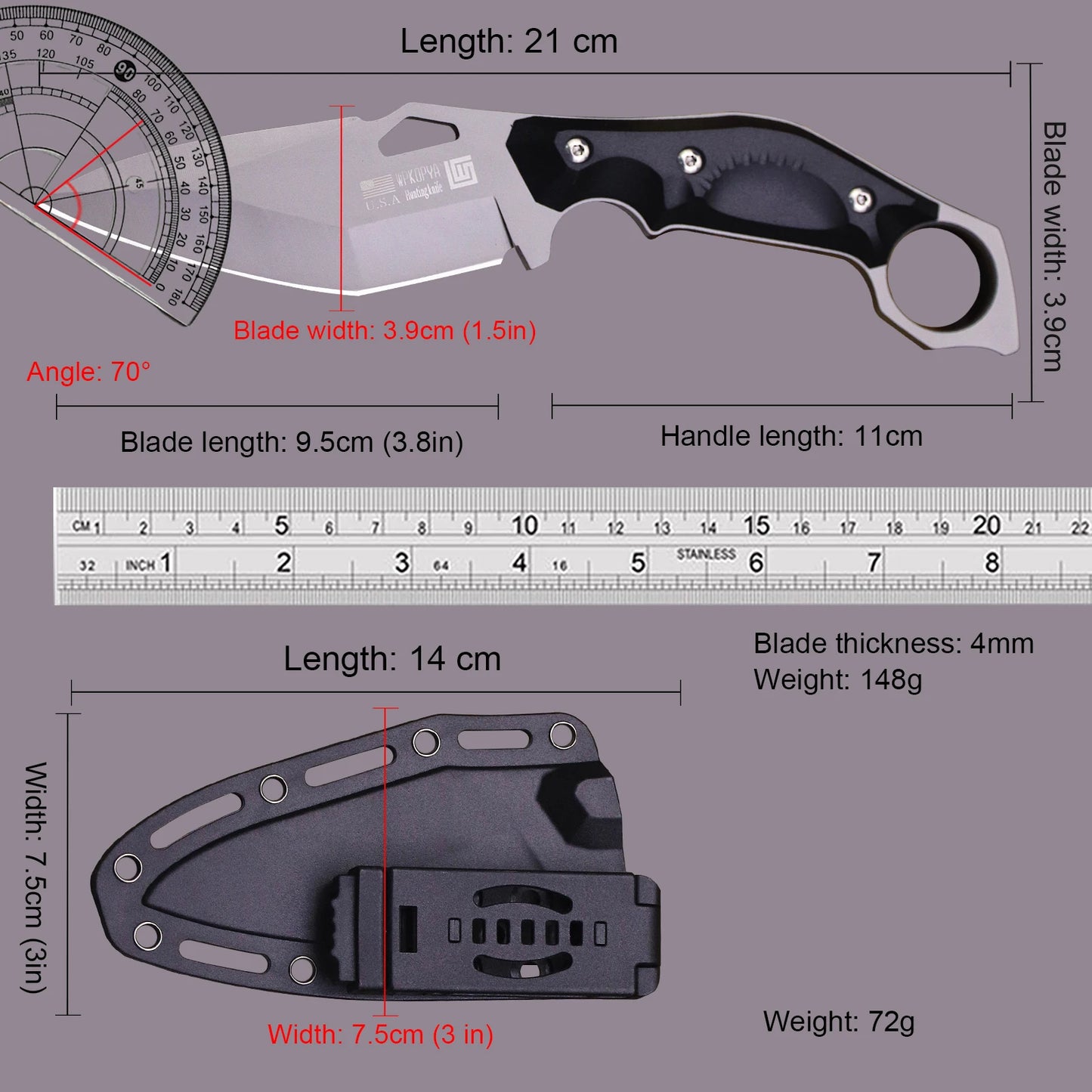 WPKOPYA USA Full Tang 440c steel hunting straight knife +K sheath, G10 handle camping tactical knife,  survival tool knife