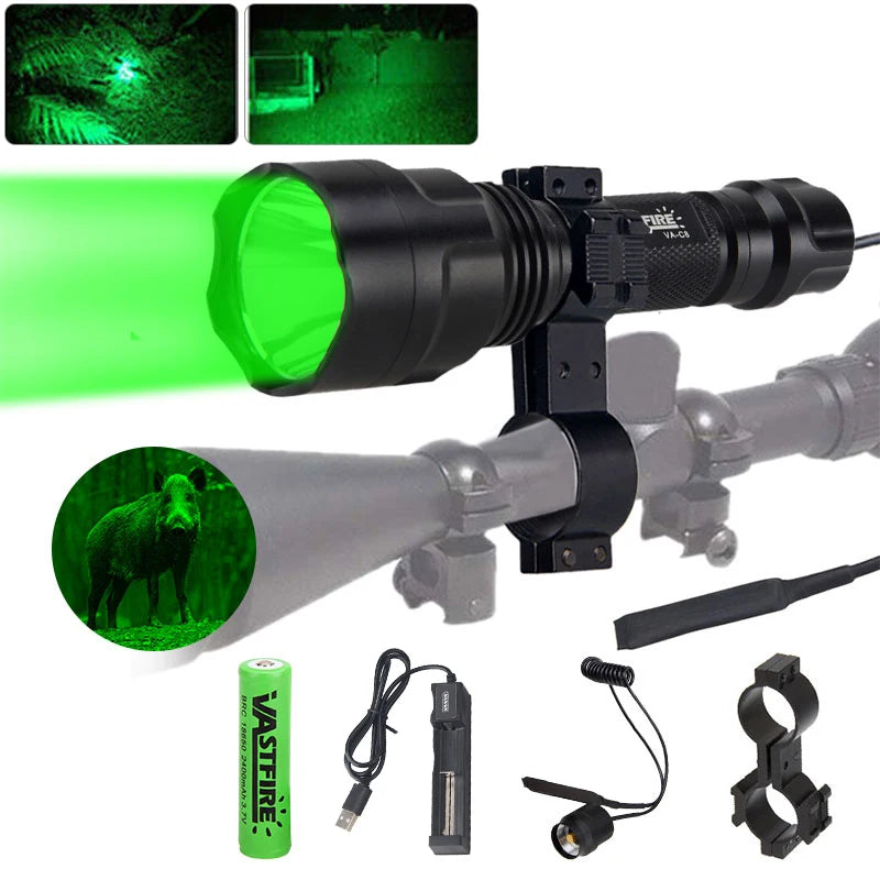 C8 Professional Tactical Flashlight Green/Red/White LED Hunting Torch 1-Mode Torch+18650+Charger+Remote Switch+Rifle Scope Mount