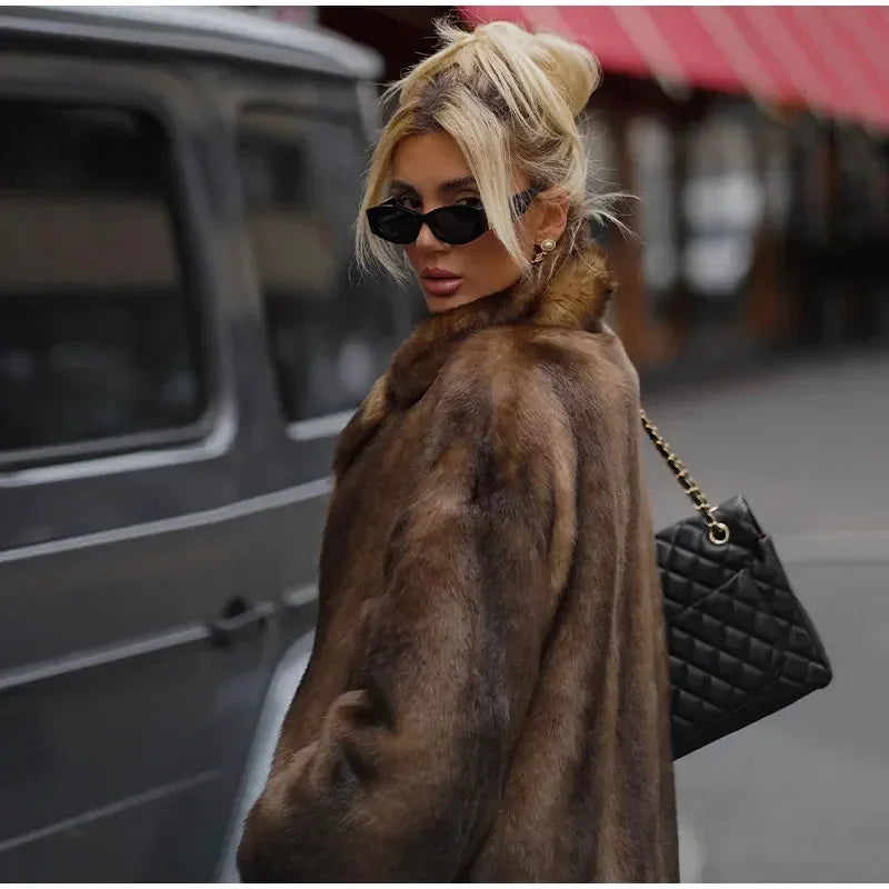 Women's Dark Brown Faux Fur Long Overcoat Single Breasted Fleece Long Trench Coat Winter Fluffy Plush Warm New Thicken Outerwear