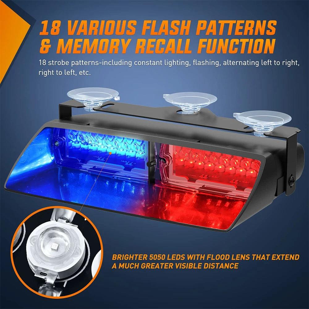 16LED Car LED Strobe Lamp 18 Model Police Lights Red/Blue Signal Lamp Flash Dash Emergency Flashing Windshield Warning Light 12V