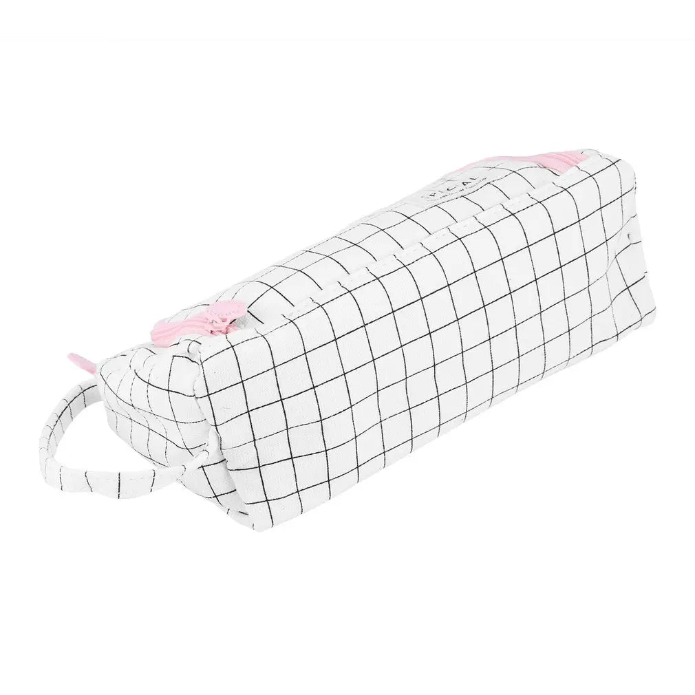 New Stationary Pen Storage Bag Simple Plaid Pencil Case Multi Layer Large Capacity Cosmetic Travel Canvas Pen Pencil Storage Bag