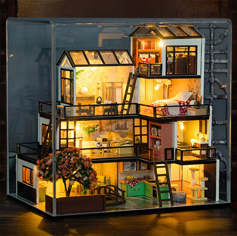 DIY Wooden Doll Houses Dream Town Casa Miniature Building Kit Villa Dollhouse with Furniture Led Lights for Girls Birthday Gifts