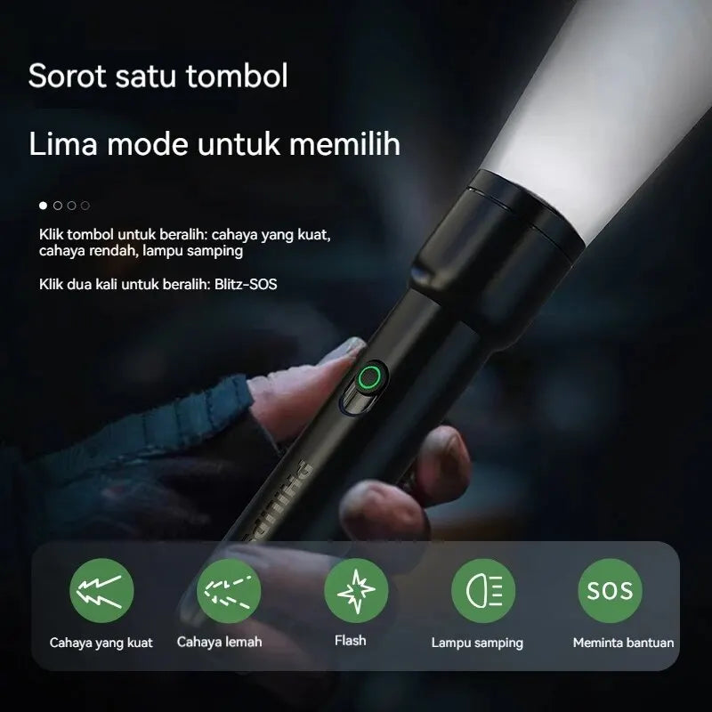 Philips 2024 New EDC Portable Flashlight Rechargeable LED Flashlight with Side Light for Personal Self Defense Camping Hiking