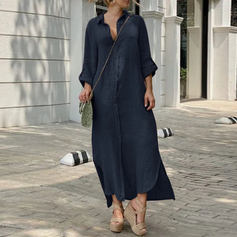 2024 New Women Cotton Blend Loose Dress Robe Spring Summer Solid Beach Sundress Female Clothing Single Breasted Long Shirt Dress