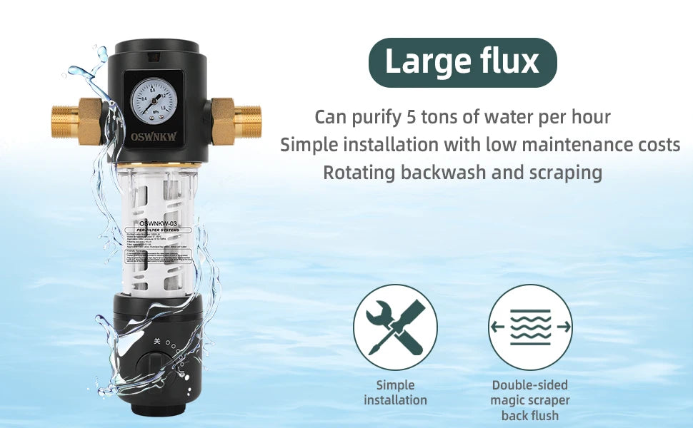 OSWNKW-03 Pre Filter Purifier Whole House Spin Down Sediment Water Filter Central Prefilter System Backwash Stainless Steel Mesh