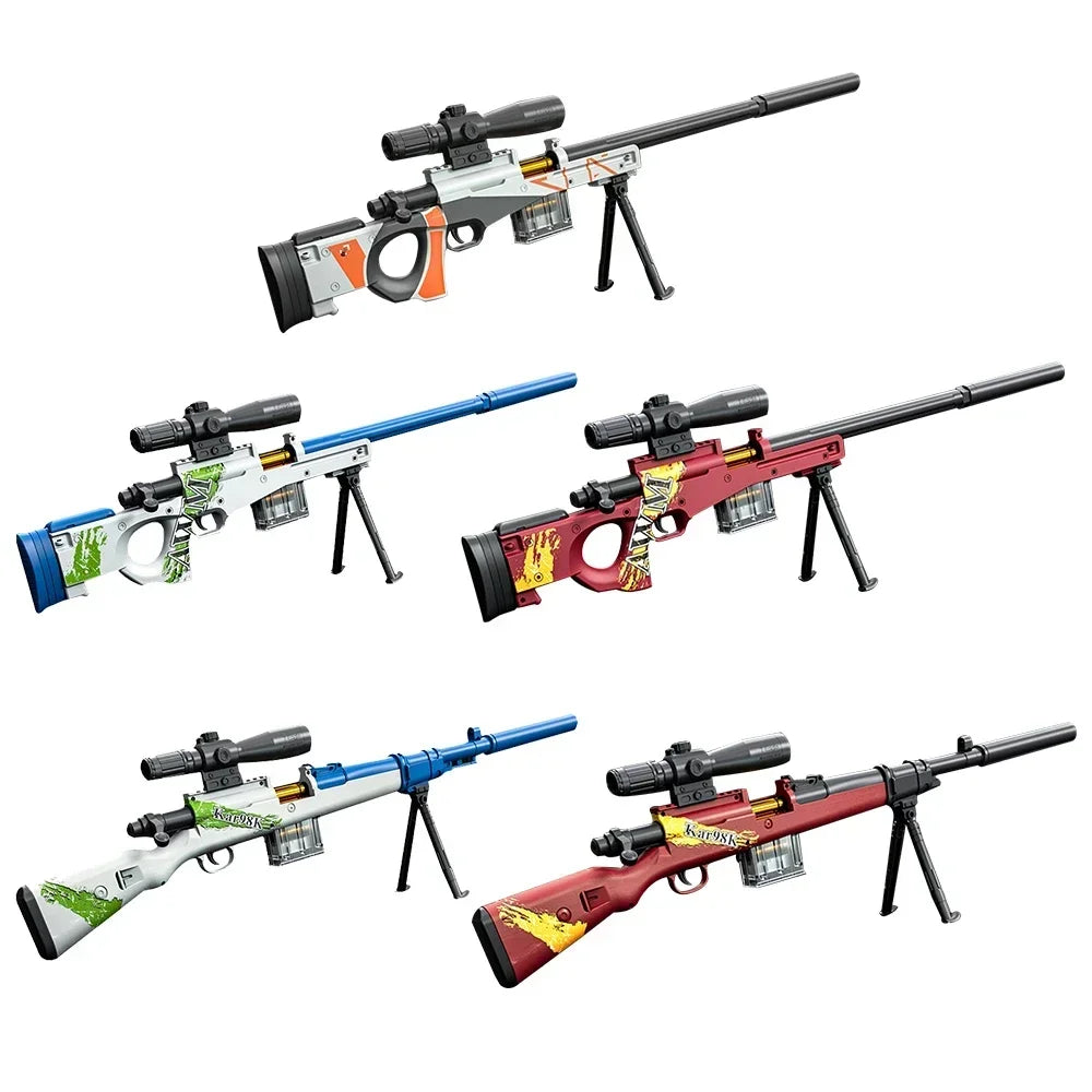 98k AWM Shell Eject Sniper Rifle EVA Soft Bullet Toy Gun with 15X Mirror Silencer Airsoft Gun Model CS Shoot Game for Boys Gift