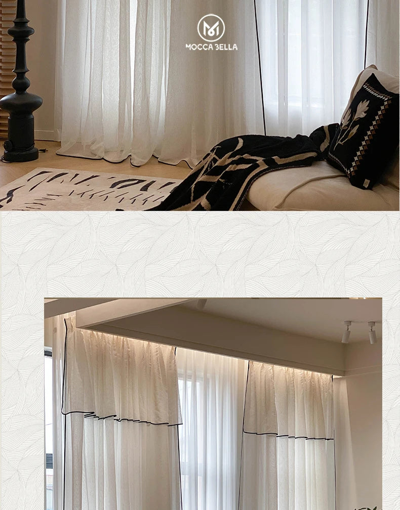 Retro Cream Linen White Tulle Sheer Curtains for Living Room Luxury Bedroom Dining Balcony Black Edge Blackout Gauze Window Door