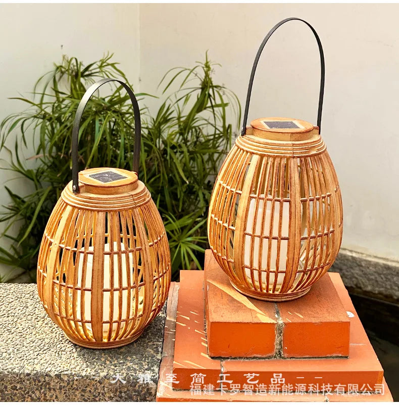 Outdoor Solar Imitation Rattan Lantern Courtyard Balcony Garden Decoration Candle Lights Creative Atmosphere Bamboo Chandelier