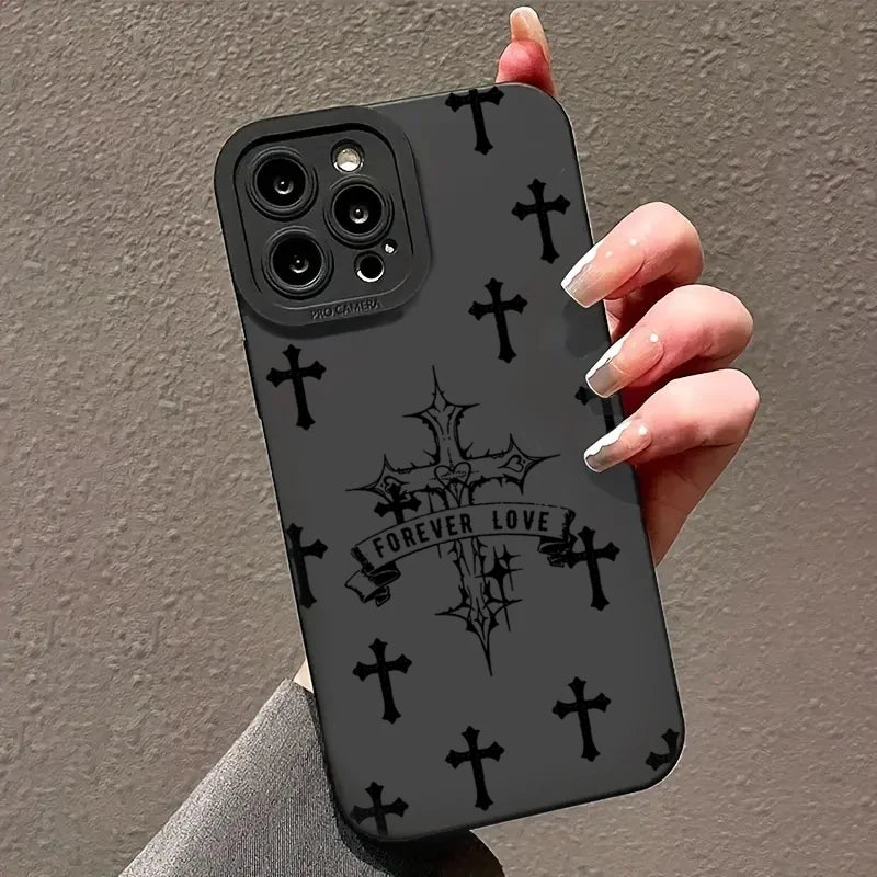 Phone Case For iPhone 16 15 14 11 12 13 Pro Max Mini 7 8 Plus X XR XS Max SE 2020 2022 Black Cross Print Shockproof Soft Cover