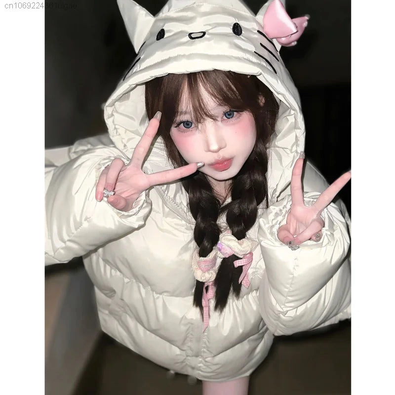 Sanrio Hello Kitty New Harajuku Tops Hooded Y2k College Style Cotton Coat Autumn Winter Fashion Clothes Women Cute Padded Jacket