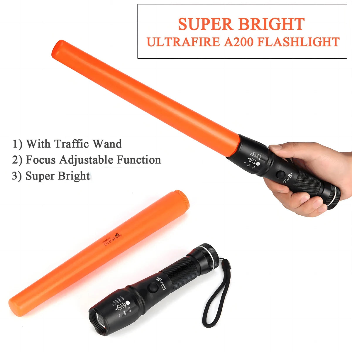 UltraFire A200 Zoom Flashlight with Traffic Wand 1000 Lumens Super Bright LED Light Safety Command Multi Purpose 18650/AAA Torch