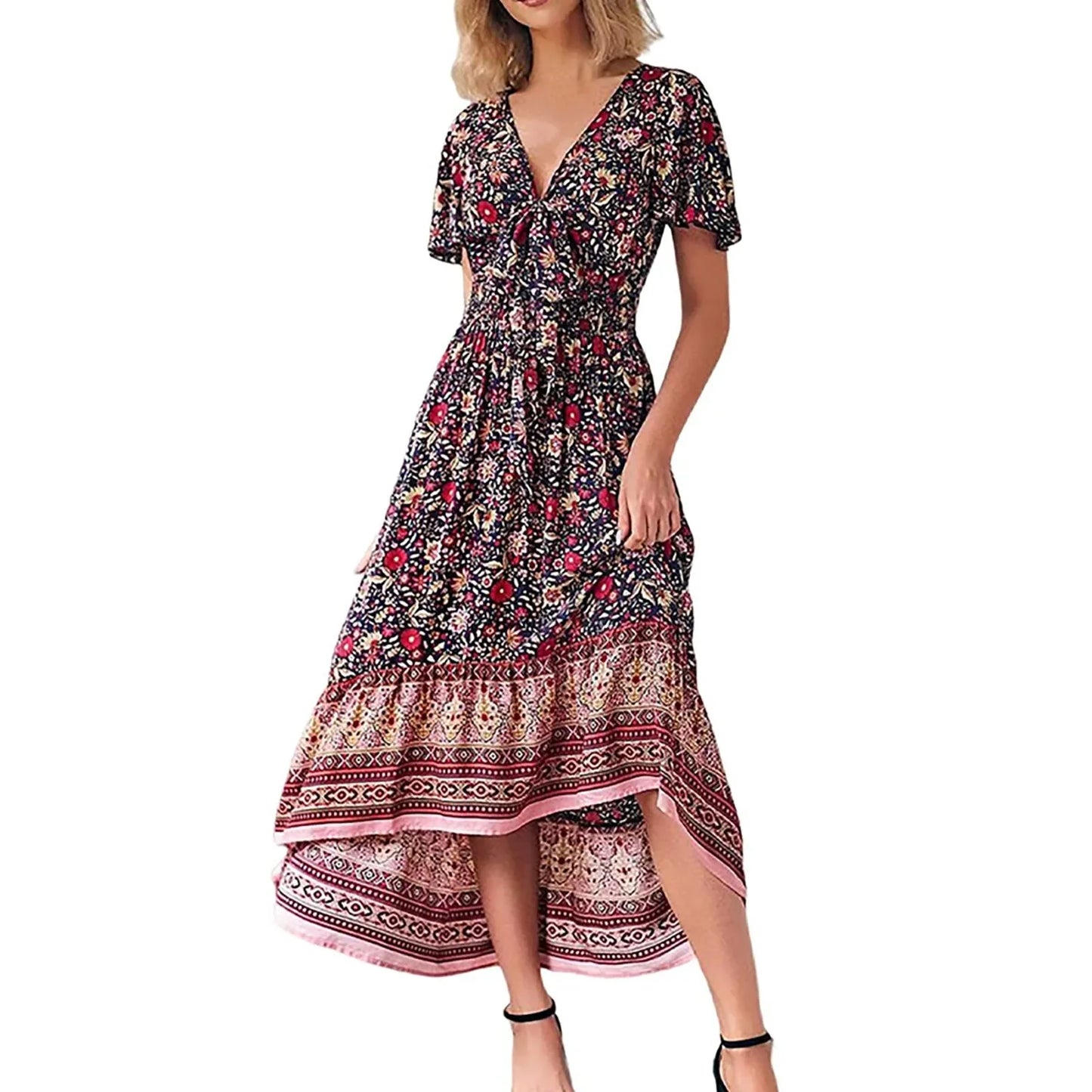 Boho Floral Print Long Dress Women Summer Beach Sundress Sexy Short Sleeve V Neck Ruffle Pleated Dress Bohemian Casual Dresses