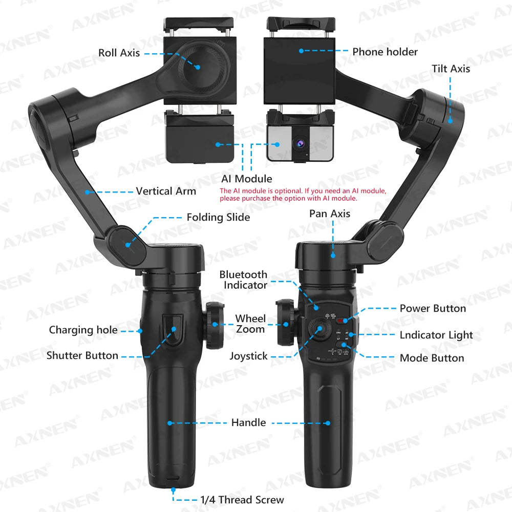 3-Axis Gimbal Stabilizer for Smartphone, Built-In Extension Rod,Portable and Foldable, for iPhone Android Phone Vlog Live Video