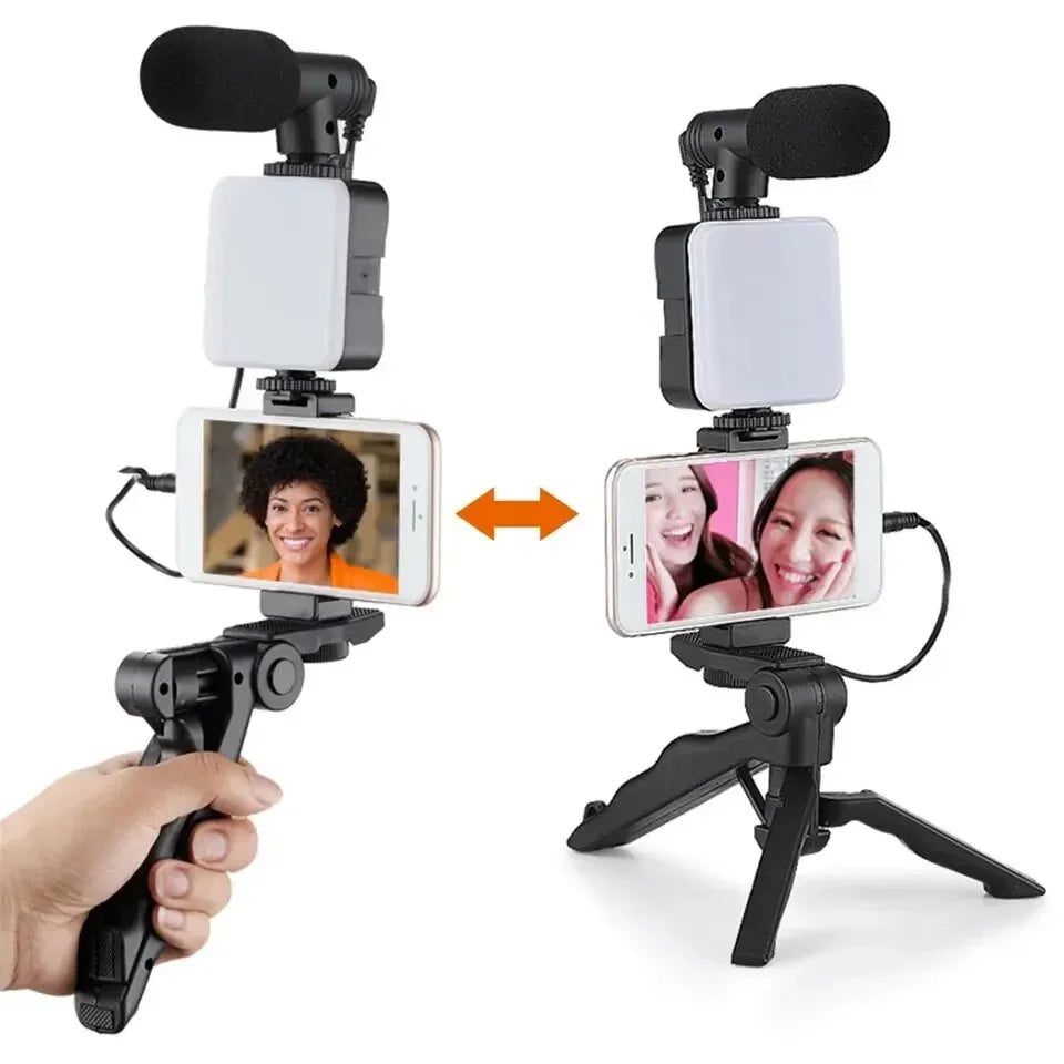 Tripod Phone Holder Smartphone Vlogging Kit With Mini Microphone LED Fill Light Starter For TikTok Live Stream Video YouTube