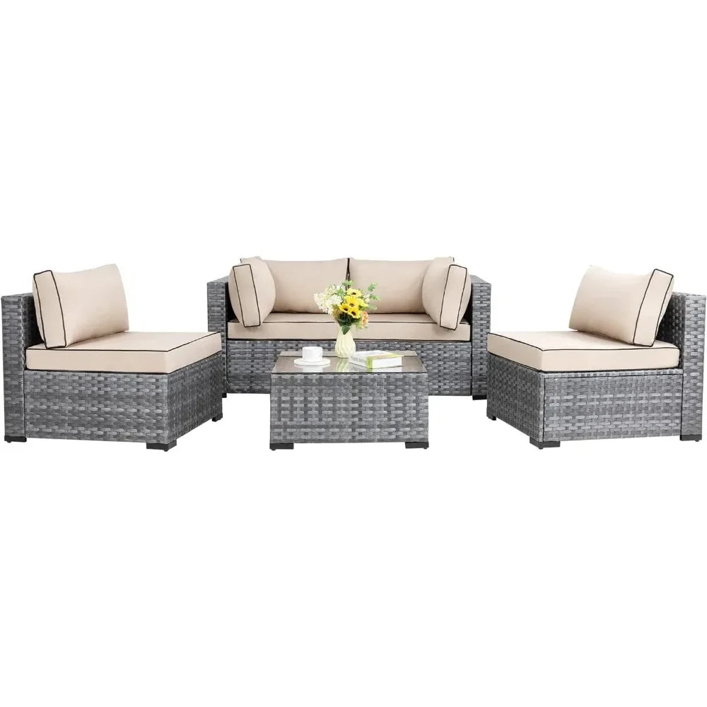 5 Pieces Outdoor Patio Sectional Sofa Couch, PE Wicker Furniture Conversation Sets with Washable Cushions & Glass Coffee Table