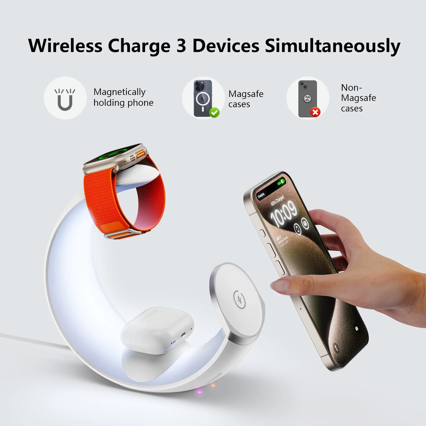 Wireless Charger MagSafe Air Pods Apple Watch Phone Holder RGB Moon For iPhone Samsung iWatch Night Light Bedroom Home Office