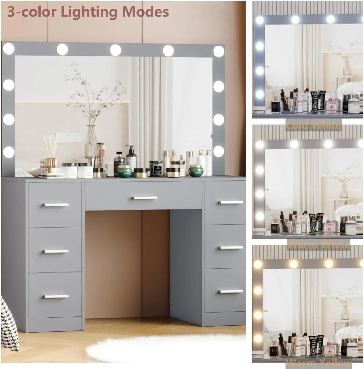 Vanity Table, Makeup Table with Lighted Mirror, 3 Color Lighting Modes, Brightness Adjustable, Dressing Table with Drawers